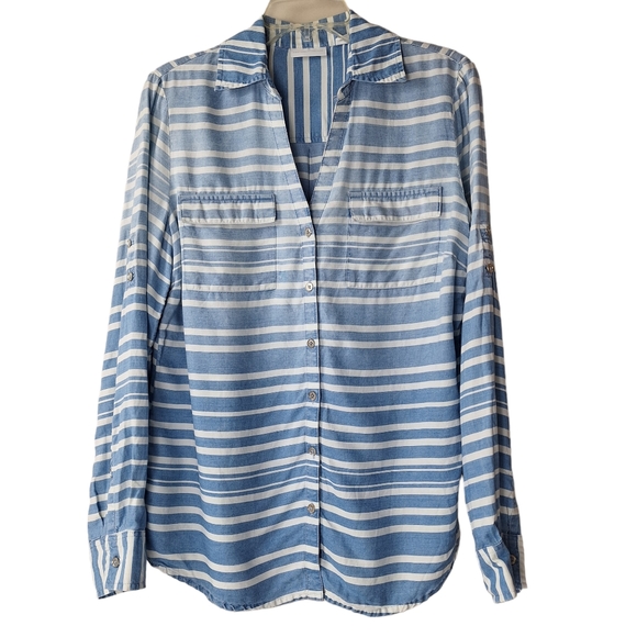 New York & Company Tops - New York & Company Blue White Stripe Button‎ Up Shirt